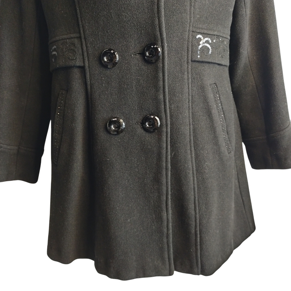 Women's Black Peacoat Removable Hood Double Breast Size S - Picture 4 of 8